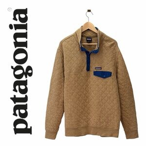 Patagonia Men Large Organic Cotton Quilt Snap-T Pullover Sweater Tan Blue Pocket